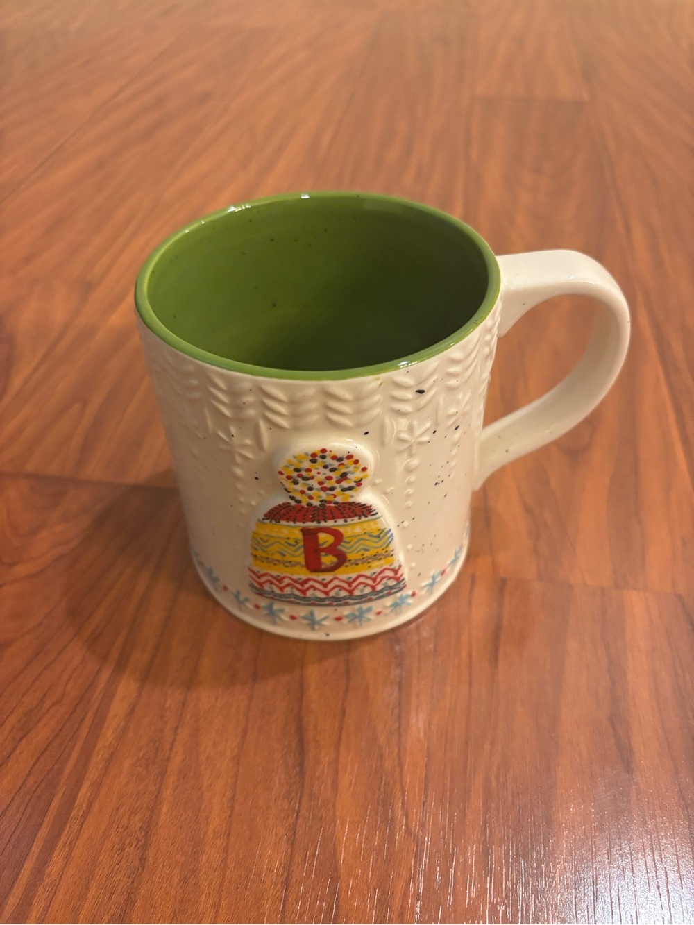 Anthropologie Holiday Snow Beanie Mug with Green Interior B Monogram